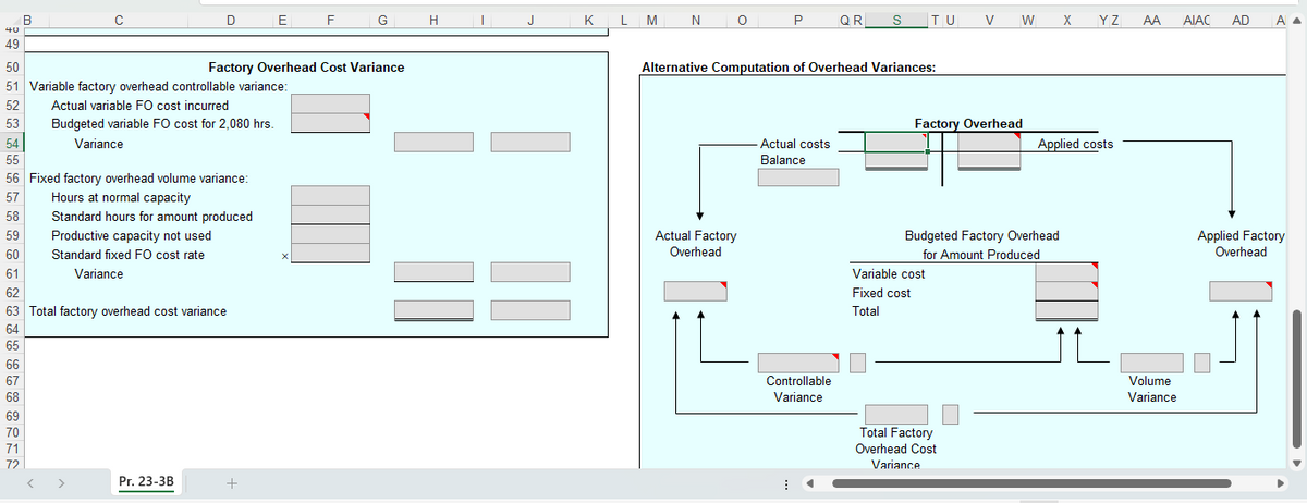 40
49
B
66
67
68
50
51 Variable factory overhead controllable variance:
52 Actual variable FO cost incurred
53
54
55
69
70
71
72
D
56 Fixed factory overhead volume variance:
57
58
59
60
61
62
63 Total factory overhead cost variance
64
65
Budgeted variable FO cost for 2,080 hrs.
Variance
>
Hours at normal capacity
Standard hours for amount produced
Productive capacity not used
Standard fixed FO cost rate
Variance
Pr. 23-3B
Factory Overhead Cost Variance
E
+
F
G
H
I
J
LM
KL
N
O
Actual Factory
Overhead
P
Alternative Computation of Overhead Variances:
Actual costs
Balance
Controllable
Variance
⠀
QR S TU
V
Factory Overhead
Variable cost
Fixed cost
Total
W
Total Factory
Overhead Cost
Variance
Budgeted Factory Overhead
for Amount Produced
X YZ
Applied costs
AA
Volume
Variance
AIAC
AD ΑΔ
Applied Factory
Overhead