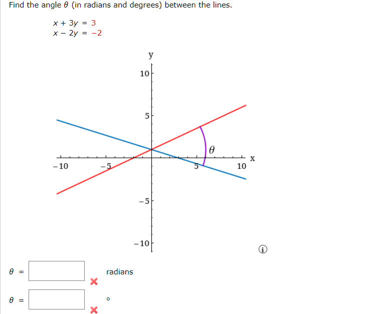 Find the angle 8 (in radians and degrees) between the lines.
x + 3y = 3
x - 2y = -2
0
||
0 =
-10
5
y
radians
10
5
-5
-10
0
10
X