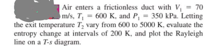 Air enters a frictionless duct with V₁ = 70
m/s, T₁ = 600 K, and P₁ = 350 kPa. Letting
the exit temperature T₂ vary from 600 to 5000 K, evaluate the
entropy change at intervals of 200 K, and plot the Rayleigh
line on a T-s diagram.