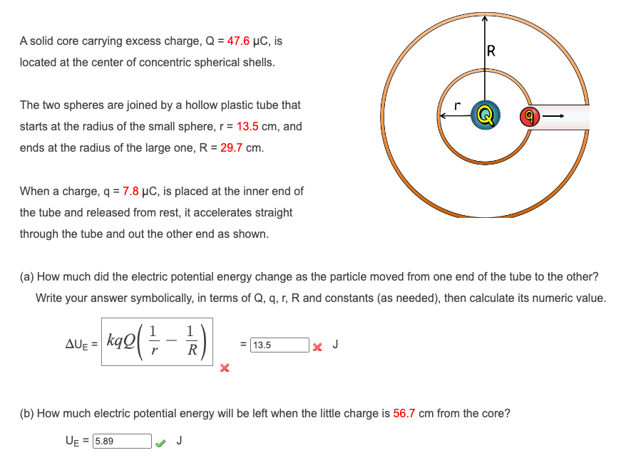 A solid core carrying excess charge, Q = 47.6 μC, is
located at the center of concentric spherical shells.
The two spheres are joined by a hollow plastic tube that
starts at the radius of the small sphere, r = 13.5 cm, and
ends at the radius of the large one, R = 29.7 cm.
When a charge, q = 7.8 μC, is placed at the inner end of
the tube and released from rest, it accelerates straight
through the tube and out the other end as shown.
AUE=
(a) How much did the electric potential energy change as the particle moved from one end of the tube to the other?
Write your answer symbolically, in terms of Q, q, r, R and constants (as needed), then calculate its numeric value.
kao ( + - 1/2 )
R
= 13.5
J
R
x J
(b) How much electric potential energy will be left when the little charge is 56.7 cm from the core?
UE = 5.89
O