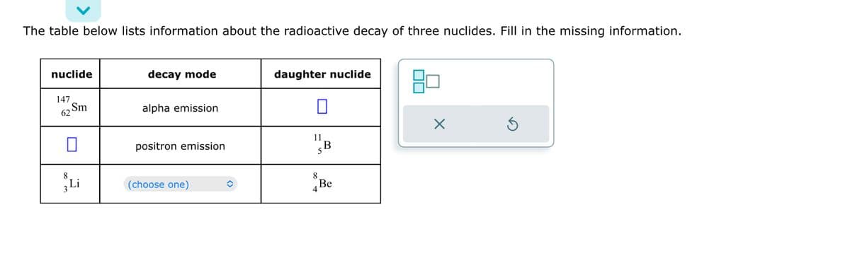 The table below lists information about the radioactive decay of three nuclides. Fill in the missing information.
nuclide
147
62
8
3
Sm
Li
decay mode
alpha emission
positron emission
(choose one)
✪
daughter nuclide
0
11
B
8
4
Be
Ś