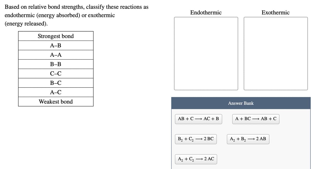 Based on relative bond strengths, classify these reactions as
Endothermic
Exothermic
endothermic (energy absorbed) or exothermic
(energy released).
Strongest bond
А-В
А-А
В-В
C-C
В-С
А-С
Weakest bond
Answer Bank
AB + C → AC + B
А + ВС — АВ + С
В, + С, — 2 ВС
A, + B, → 2 AB
Аз + C, — 2 АС
