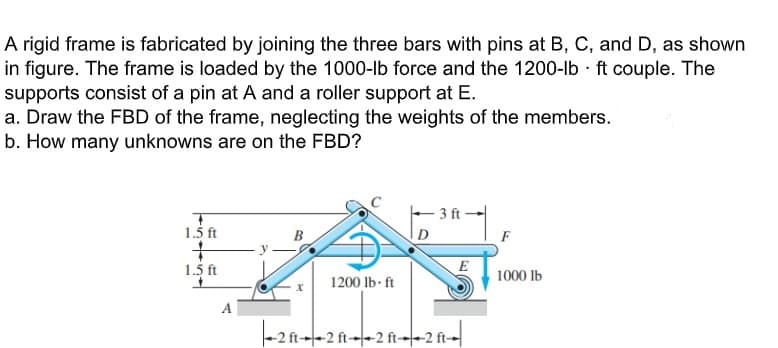 A rigid frame is fabricated by joining the three bars with pins at B, C, and D, as shown
in figure. The frame is loaded by the 1000-lb force and the 1200-lb · ft couple. The
supports consist of a pin at A and a roller support at E.
a. Draw the FBD of the frame, neglecting the weights of the members.
b. How many unknowns are on the FBD?
3 ft -
1.5 ft
B
F
1.5 ft
1000 lb
1200 lb ft
A
+2 ft-2 ft→-2 ft→f-2 ft→
