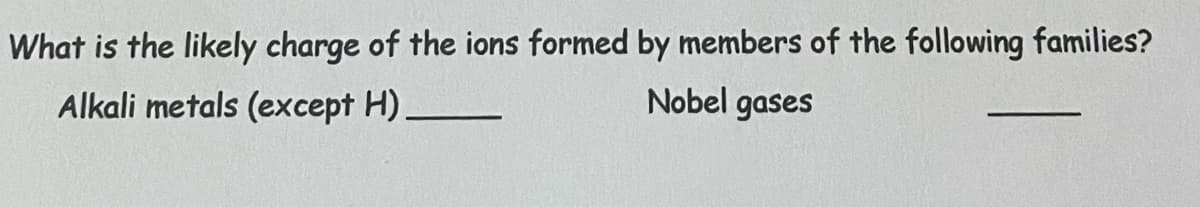 What is the likely charge of the ions formed by members of the following families?
Nobel gases
Alkali metals (except H).