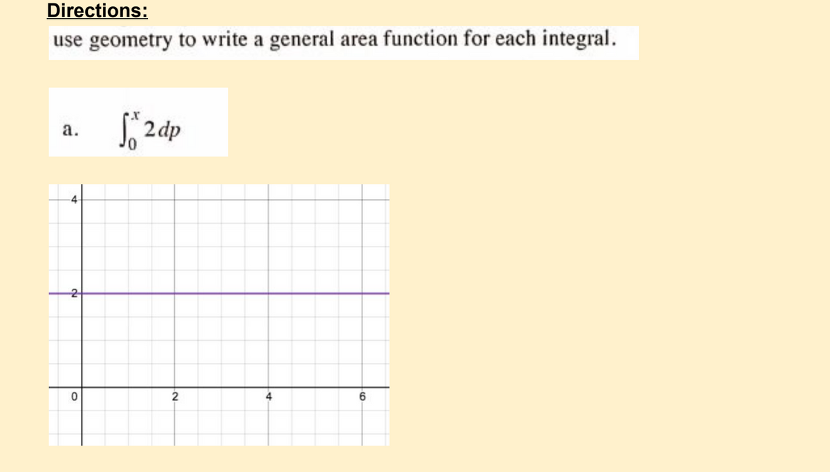 Directions:
use geometry to write a general area function for each integral.
S2 dp
а.
4-
-2
2
4
6
