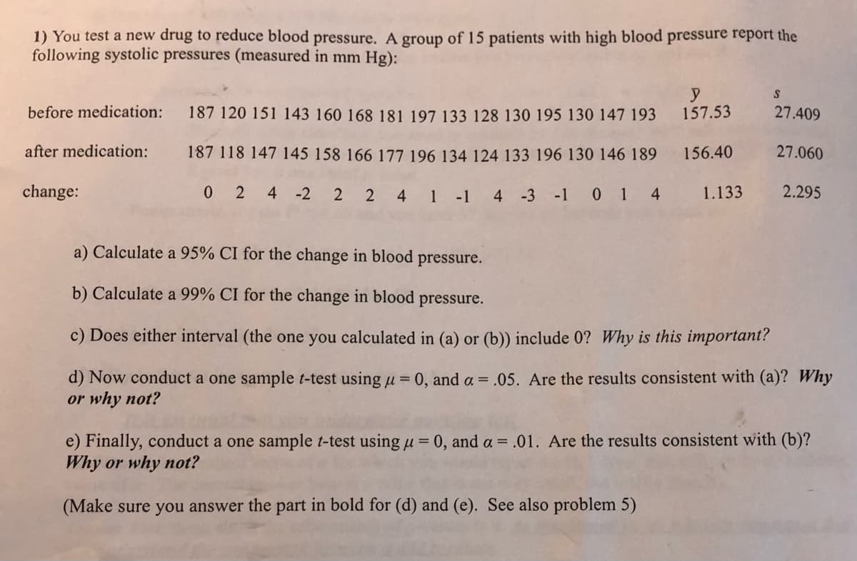 **Educational Exercise on Confidence Intervals and T-Tests**

**Problem Statement:**  
You test a new drug to reduce blood pressure. A group of 15 patients with high blood pressure report the following systolic pressures (measured in mm Hg):

- **Before medication:** 187, 120, 151, 143, 160, 168, 181, 197, 133, 128, 130, 195, 130, 147, 193  
- **After medication:** 187, 118, 147, 145, 158, 166, 177, 196, 134, 124, 133, 196, 130, 146, 189  
- **Change:** 0, 2, 4, -2, 2, 2, 4, 1, -1, -1, 3, -1, 0, 1, 4

With these statistics:
- \( \bar{y} = 157.53 \)
- \( s = 27.409 \)

**Questions:**

a) Calculate a 95% Confidence Interval (CI) for the change in blood pressure.

b) Calculate a 99% Confidence Interval (CI) for the change in blood pressure.

c) Does either interval (the one you calculated in (a) or (b)) include 0? *Why is this important?*

d) Conduct a one-sample \( t \)-test using \( \mu = 0 \), and \( \alpha = 0.05 \). Are the results consistent with (a)? *Why or why not?*

e) Finally, conduct a one-sample \( t \)-test using \( \mu = 0 \), and \( \alpha = 0.01 \). Are the results consistent with (b)? *Why or why not?*

*(Make sure you answer the part in bold for (d) and (e). See also problem 5)*

**Instructions for Students:**
- Calculate the intervals and perform hypothesis testing.
- Compare results to evaluate statistical significance and the effectiveness of the drug.