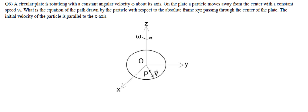 Q3) A circular plate is rotationg with a constant angular velocity o about its axis. On the plate a particle moves away from the center with a constant
speed vo. What is the equation of the path drawn by the particle with respect to the absolute frame xyz passing through the center of the plate. The
initial velocity of the particle is parallel to the x-axis.
>y
X'
