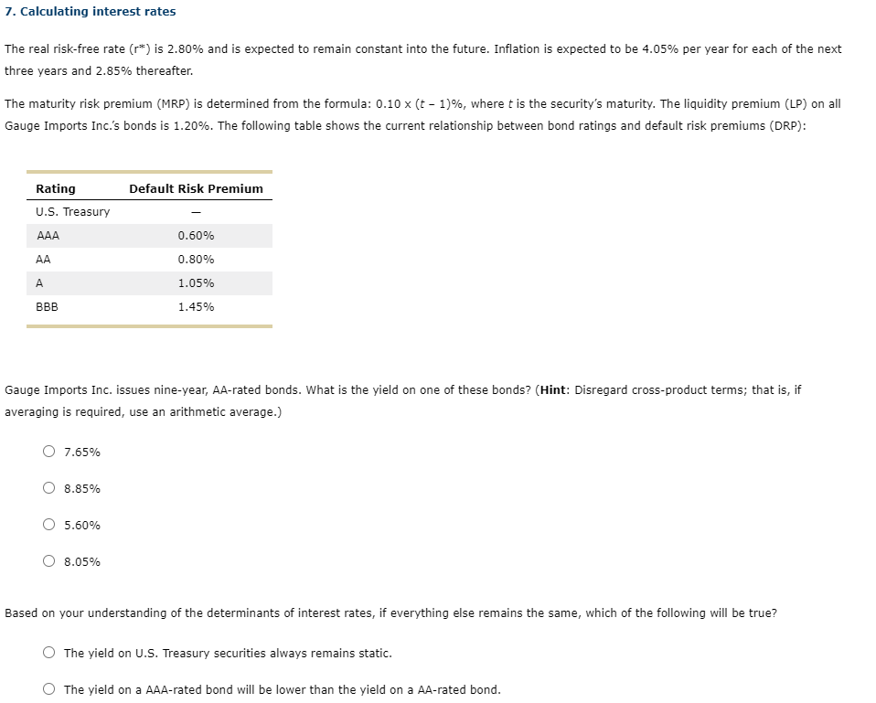 7. Calculating interest rates
The real risk-free rate (r*) is 2.80% and is expected to remain constant into the future. Inflation is expected to be 4.05% per year for each of the next
three years and 2.85% thereafter.
The maturity risk premium (MRP) is determined from the formula: 0.10 x (t - 1)%, where t is the security's maturity. The liquidity premium (LP) on all
Gauge Imports Inc.'s bonds is 1.20%. The following table shows the current relationship between bond ratings and default risk premiums (DRP):
Rating
Default Risk Premium
U.S. Treasury
AAA
0.60%
AA
0.80%
A.
1.05%
BBB
1.45%
Gauge Imports Inc. issues nine-year, AA-rated bonds. What is the yield on one of these bonds? (Hint: Disregard cross-product terms; that is, if
averaging is required, use an arithmetic average.)
7.65%
8.85%
5.60%
8.05%
Based on your understanding of the determinants of interest rates, if everything else remains the same, which of the following will be true?
The yield on U.S. Treasury securities always remains static.
O The yield on a AAA-rated bond will be lower than the yield on a AA-rated bond.
