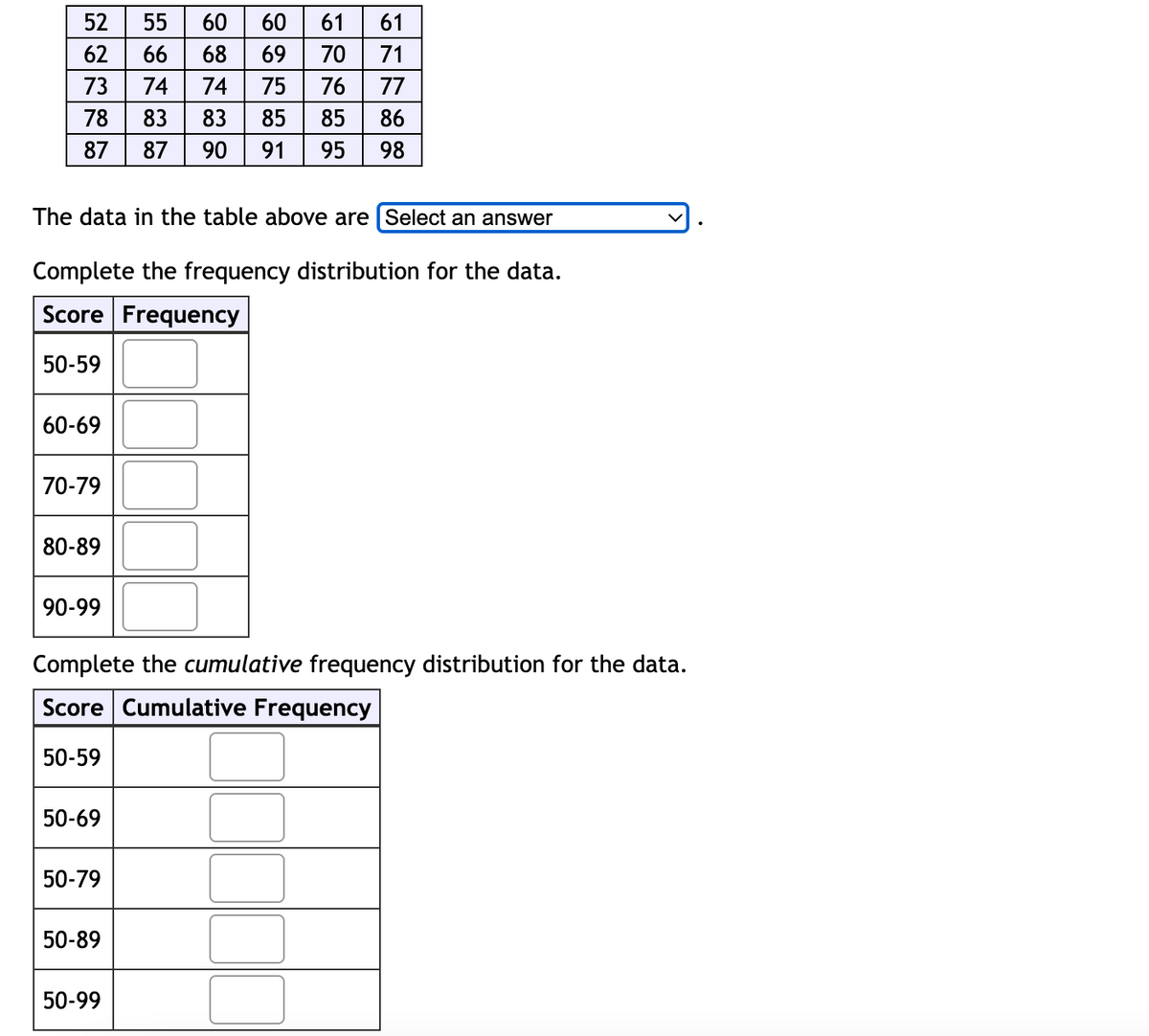 ااال
52 55
62
73
78
87
60-69
70-79
80-89
90-99
50-69
50-79
66
50-89
NEE
50-99
74
83
60
68
74
87 90
The data in the table above are [Select an answer
Complete the frequency distribution for the data.
Score Frequency
50-59
|||||9
60
69
75
85
Complete the cumulative frequency distribution for the data.
Score Cumulative Frequency
50-59
91
61 61
70
71
76 77
86
95 98