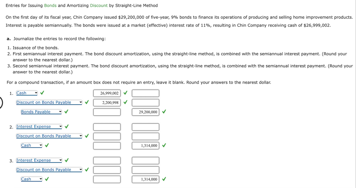 Entries for Issuing Bonds and Amortizing Discount by Straight-Line Method
On the first day of its fiscal year, Chin Company issued $29,200,000 of five-year, 9% bonds to finance its operations of producing and selling home improvement products.
Interest is payable semiannually. The bonds were issued at a market (effective) interest rate of 11%, resulting in Chin Company receiving cash of $26,999,002.
a. Journalize the entries to record the following:
1. Issuance of the bonds.
2. First semiannual interest payment. The bond discount amortization, using the straight-line method, is combined with the semiannual interest payment. (Round your
answer to the nearest dollar.)
3. Second semiannual interest payment. The bond discount amortization, using the straight-line method, is combined with the semiannual interest payment. (Round your
answer to the nearest dollar.)
For a compound transaction, if an amount box does not require an entry, leave it blank. Round your answers to the nearest dollar.
1. Cash
Discount on Bonds Payable
Bonds Payable
2. Interest Expense
Discount on Bonds Payable
Cash
3. Interest Expense
Discount on Bonds Payable
Cash
✓
26,999,002
2,200,998 ✔
29,200,000
1,314,000
1,314,000