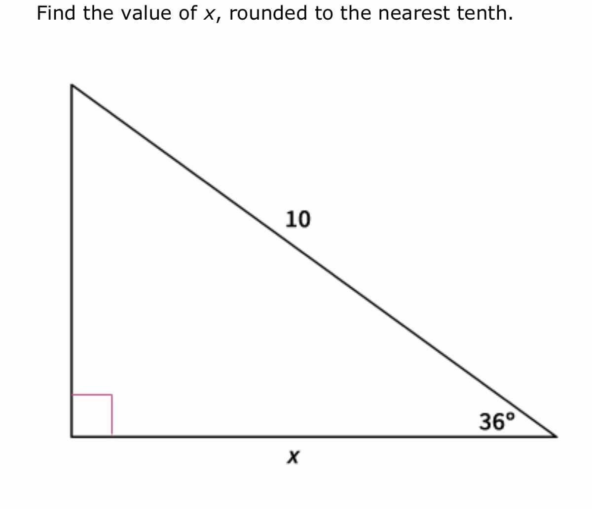 Find the value of x, rounded to the nearest tenth.
10
36°
