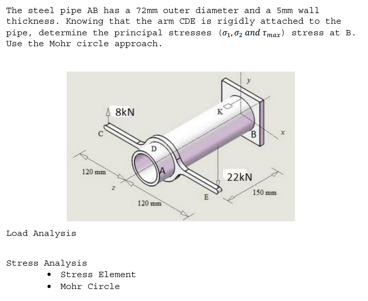 The steel pipe AB has a 72mm outer diameter and a 5mm wall
thickness. Knowing that the arm CDE is rigidly attached to the
pipe, determine the principal stresses (01,02 and Tmax) stress at B.
Use the Mohr circle approach.
4 8kN
K
B.
120 mm
22kN
150 mm
120
mm
Load Analysis
Stress Analysis
Stress Element
Mohr Circle
