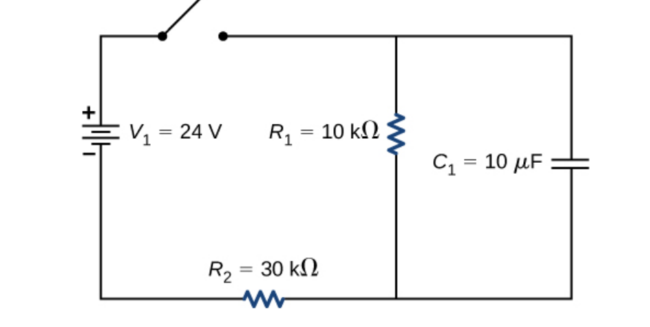 +
= V1 = 24 V
R1 = 10 kN
C = 10 µF
%3D
R2 = 30 kN
