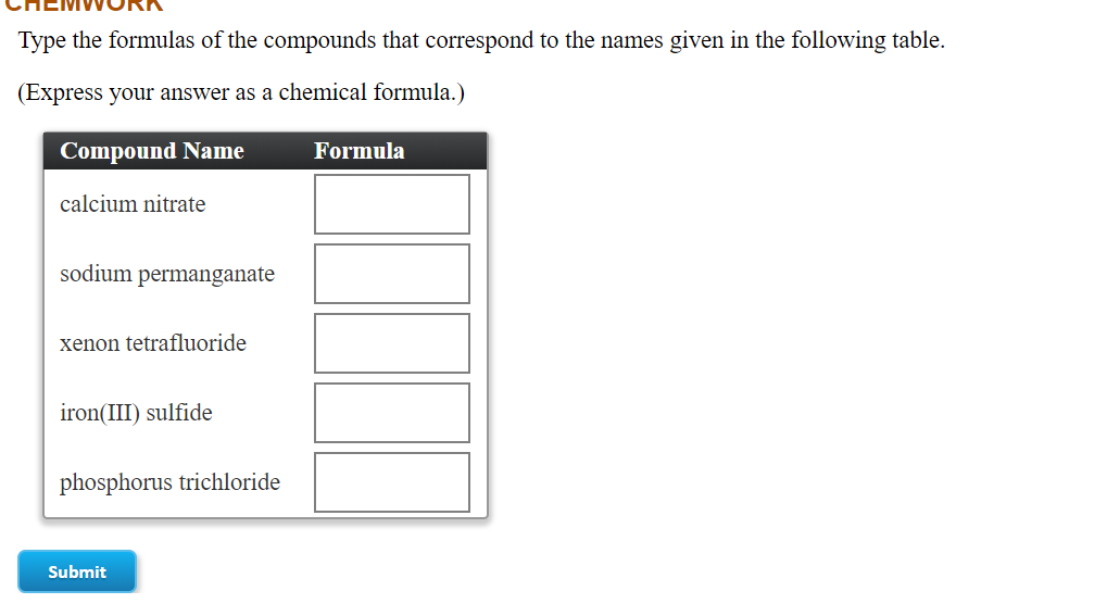 Compound Name
Formula
calcium nitrate
sodium permanganate
xenon tetrafluoride
iron(III) sulfide
phosphorus trichloride
