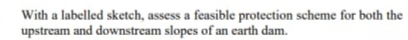 With a labelled sketch, assess a feasible protection scheme for both the
upstream and downstream slopes of an earth dam.