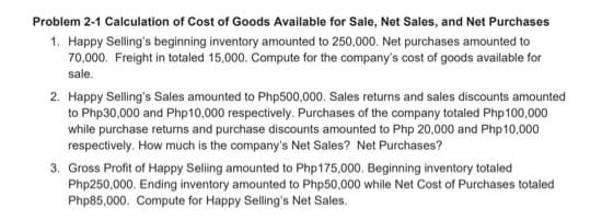 Problem 2-1 Calculation of Cost of Goods Available for Sale, Net Sales, and Net Purchases
1. Happy Selling's beginning inventory amounted to 250,000. Net purchases amounted to
70,000. Freight in totaled 15,000. Compute for the company's cost of goods available for
sale.
2. Happy Selling's Sales amounted to Php500,000. Sales returns and sales discounts amounted
to Php30,000 and Php10,000 respectively. Purchases of the company totaled Php100,000
while purchase returns and purchase discounts amounted to Php 20,000 and Php10,000
respectively. How much is the company's Net Sales? Net Purchases?
3. Gross Profit of Happy Seling amounted to Php175,000. Beginning inventory totaled
Php250,000. Ending inventory amounted to Php50,000 while Net Cost of Purchases totaled
Php85,000. Compute for Happy Selling's Net Sales.
