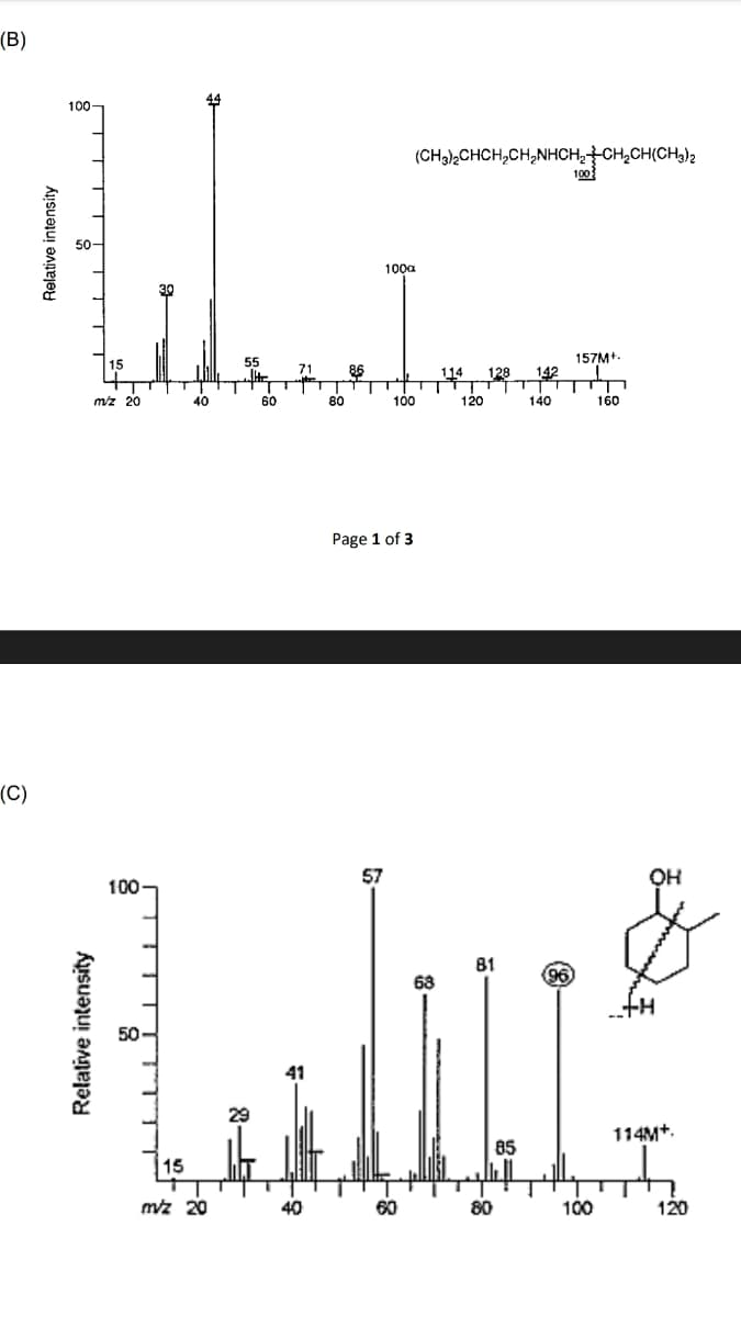 (B)
(C)
ui
50
100a
15
55
71 8.6
40
60
Relative intensity
100
m/z 20
Relative intensity
100-
50-
15
m/z 20
80
40
57
81
68
Labu²
41
Immato
114
128
142
120
140
(CH₂)2CHCH₂CH₂NHCH₂ CH₂CH(CH3) 2
100
Page 1 of 3
60
85
الطلسم
80
157M+
96
160
100
194
OH
120