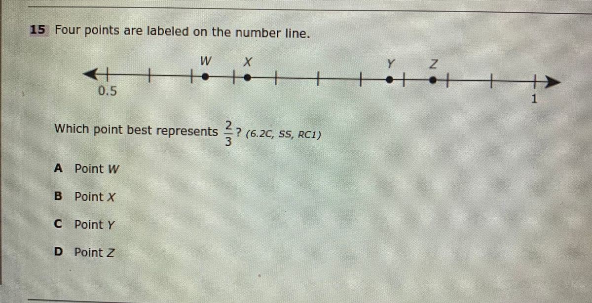 15 Four points are labeled on the number line.
W
+
0.5
1.
Which point best represents (6.2C, SS, RCI)
A Point W
B Point X
C Point Y
D Point Z
