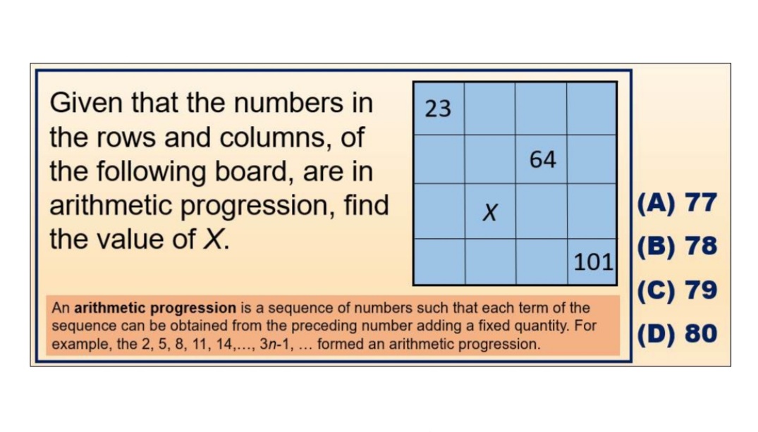 Given that the numbers in
23
the rows and columns, of
the following board, are in
arithmetic progression, find
the value of X.
64
|(A) 77
(B) 78
101
|(C) 79
An arithmetic progression is a sequence of numbers such that each term of the
sequence can be obtained from the preceding number adding a fixed quantity. For
example, the 2, 5, 8, 11, 14,.., 3n-1, ... formed an arithmetic progression.
|(D) 80
