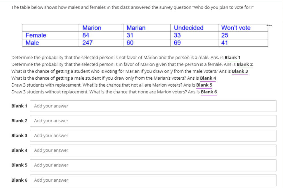 The table below shows how males and females in this class answered the survey question "Who do you plan to vote for?"
Marion
Marian
Undecided
Won't vote
Female
84
31
33
25
Male
247
60
69
41
Determine the probability that the selected person is not favor of Marian and the person is a male. Ans. is Blank 1
Determine the probability that the selected person is in favor of Marion given that the person is a female. Ans is Blank 2
What is the chance of getting a student who is voting for Marian if you draw only from the male voters? Ans is Blank 3
What is the chance of getting a male student if you draw only from the Marian's voters? Ans is Blank 4
Draw 3 students with replacement. What is the chance that not all are Marion voters? Ans is Blank 5
Draw 3 students without replacement. What is the chance that none are Marion voters? Ans is Blank 6
Blank 1
Add your answer
Blank 2
Add your answer
Blank 3
Add your answer
Blank 4
Add your answer
Blank 5
Add your answer
Blank 6
Add your answer
