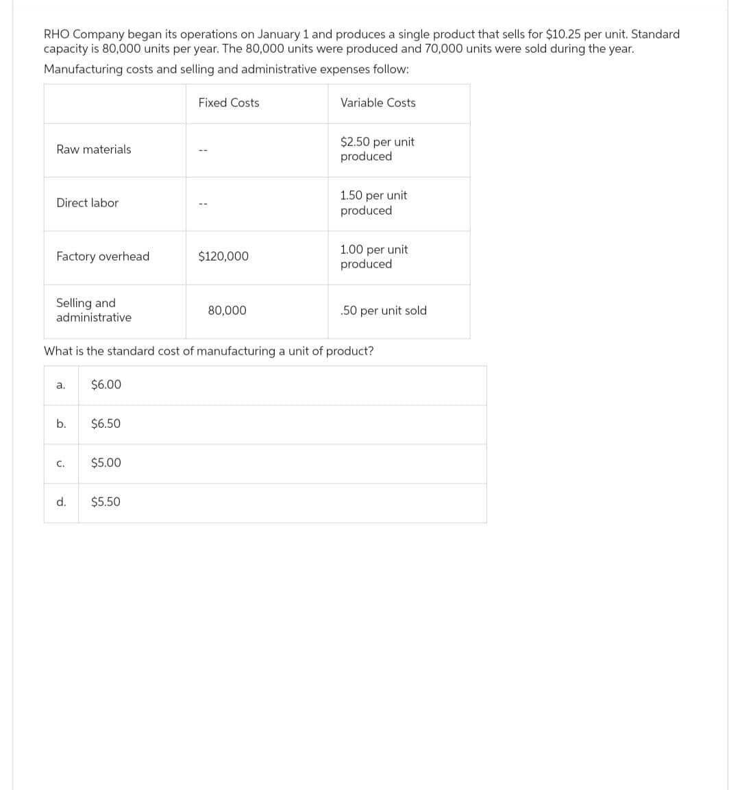 RHO Company began its operations on January 1 and produces a single product that sells for $10.25 per unit. Standard
capacity is 80,000 units per year. The 80,000 units were produced and 70,000 units were sold during the year.
Manufacturing costs and selling and administrative expenses follow:
Raw materials
Direct labor
Factory overhead.
Selling and
administrative
a.
b.
C.
d.
$6.00
$6.50
$5.00
Fixed Costs
What is the standard cost of manufacturing a unit of product?
$5.50
$120,000
80,000
Variable Costs
$2.50 per unit
produced
1.50 per unit
produced
1.00 per unit
produced
.50 per unit sold
