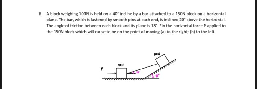 6. A block weighing 100N is held on a 40° incline by a bar attached to a 150N block on a horizontal
plane. The bar, which is fastened by smooth pins at each end, is inclined 20° above the horizontal.
The angle of friction between each block and its plane is 18". Fin the horizontal force P applied to
the 150N block which will cause to be on the point of moving (a) to the right; (b) to the left.
