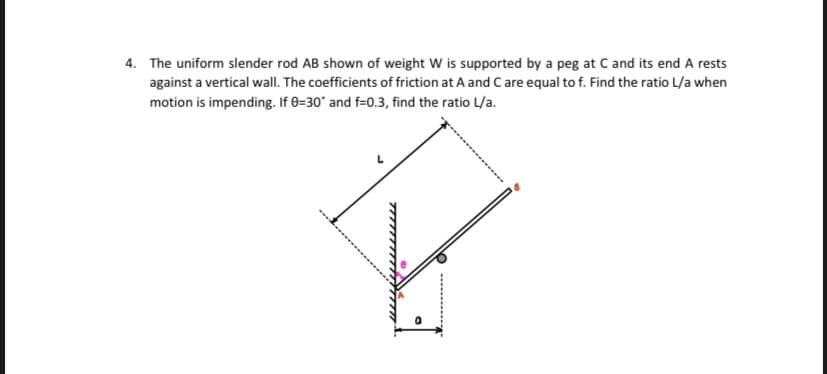 4. The uniform slender rod AB shown of weight W is supported by a peg at C and its end A rests
against a vertical wall. The coefficients of friction at A and C are equal to f. Find the ratio L/a when
motion is impending. If 0=30° and f=0.3, find the ratio L/a.
