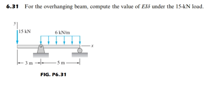 6.31 For the overhanging beam, compute the value of EIð under the 15-kN load.
j15 kN
6 kN/m
3 m →-
- 5 m-
FIG. P6.31
