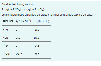 Consider the following reaction:
2 H,(g) + 2 NO(g) - N,(g) + 2 H,O(g)
and the following table of standard enthalpies of formation and standard absolute entropies:
compound 4H (kJ mol") s (JK mor")
H,(g)
130.8
NO(g)
91.3
210.8
Nig)
191.6
H,O(g)
-241.8
188.8
