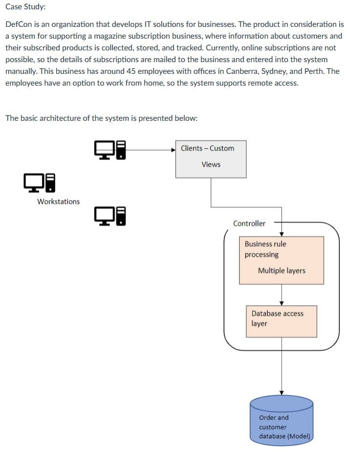 Case Study:
DefCon is an organization that develops IT solutions for businesses. The product in consideration is
a system for supporting a magazine subscription business, where information about customers and
their subscribed products is collected, stored, and tracked. Currently, online subscriptions are not
possible, so the details of subscriptions are mailed to the business and entered into the system
manually. This business has around 45 employees with offices in Canberra, Sydney, and Perth. The
employees have an option to work from home, so the system supports remote access.
The basic architecture of the system is presented below:
Clients - Custom
Views
Workstations
Controller
Business rule
processing
Multiple layers
Database access
layer
Order and
customer
database (Model),
