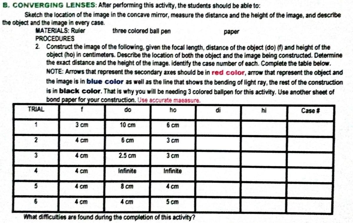 B. CONVERGING LENSES: After performing this activity, the students should be able to:
Sketch the location of the image in the concave mirror, measure the distance and the height of the image, and describe
the object and the image in every case.
MATERIALS: Rufer
PROCEDURES
2 Construct the image of the following, given the focal length, distance of the object (do) (f) and height of the
object (ho) in centimeters. Describe the location of both the object and the image being constructed. Determine
the exact distance and the height of the image. identify the case number of each. Complete the table below.
NOTE: Arrows that represent the secondary axes should be in red color, arrow that represent the object and
the image is in blue color as well as the line that shows the bending of light ray, the rest of the construction
is in black color. That is why you will be needing 3 colored ballpen for this activity. Use another sheet of
bond paper for your construction. Use accurate maeasure.
three colored ball pen
paper
TRIAL
do
ho
di
hi
Case #
1
3 cm
10 cm
6 cm
4 cm
6 cm
3 ст
3
4 cm
2.5 cm
3 ст
4 cm
Infinite
Infinite
4 cm
8 cm
4 cm
4 cm
4 cm
5 cm
What difficulties are found during the completion of this activity?
