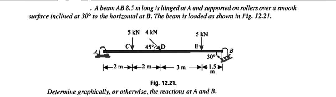 . A beam AB 8.5 m long is hinged at A and supported on rollers over a smooth
surface inclined at 30° to the horizontal at B. The beam is loaded as shown in Fig. 12.21.
5 kN 4 kN
5 kN
45°
E
300
2 m--2 m- 3m L5
m
Fig. 12.21.
Determine graphically, or otherwise, the reactions at A and B.
