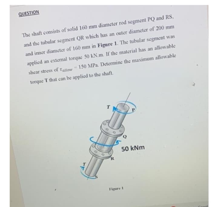 QUESTION
The shaft consists of solid 160 mm diameter rod segment PQ and RS,
and the tubular segment QR which has an outer diameter of 200 mm
and inner diameter of 160 mm in Figure 1. The tubular segment was
applied an external torque 50 kN.m. If the material has an allowable
shear stress of Tallow
150 MPa. Determine the maximum allowable
torque T that can be applied to the shaft.
50 kNm
R
Figure 1
