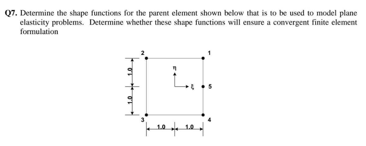 Q7. Determine the shape functions for the parent element shown below that is to be used to model plane
elasticity problems. Determine whether these shape functions will ensure a convergent finite element
formulation
1
• 5
3
1.0 1.0
1.0
