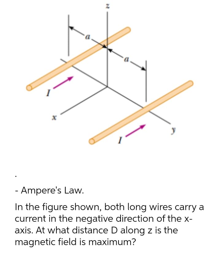 - Ampere's Law.
In the figure shown, both long wires carry a
current in the negative direction of the x-
axis. At what distance D along z is the
magnetic field is maximum?
