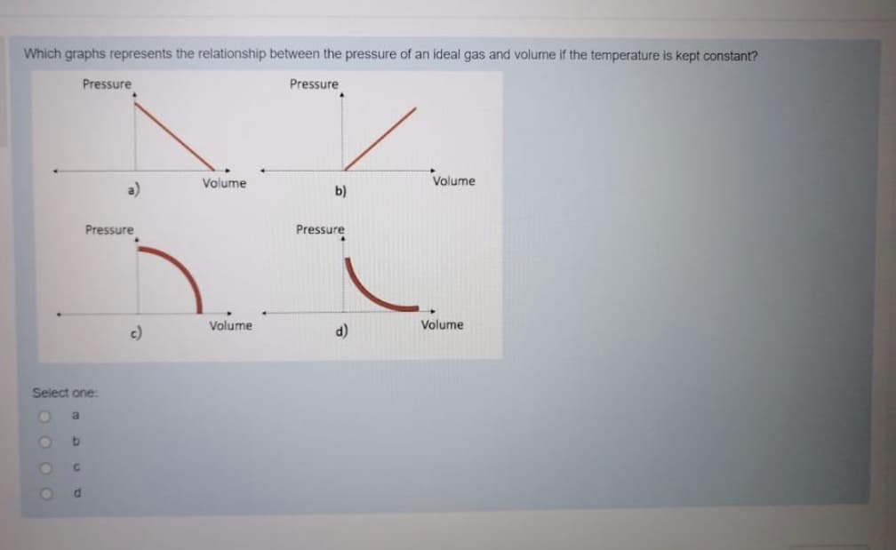 Which graphs represents the relationship between the pressure of an ideal gas and volume if the temperature is kept constant?
Pressure
Pressure
Volume
Volume
a)
b)
Pressure
Pressure
c)
Volume
d)
Volume
Select one:
a
