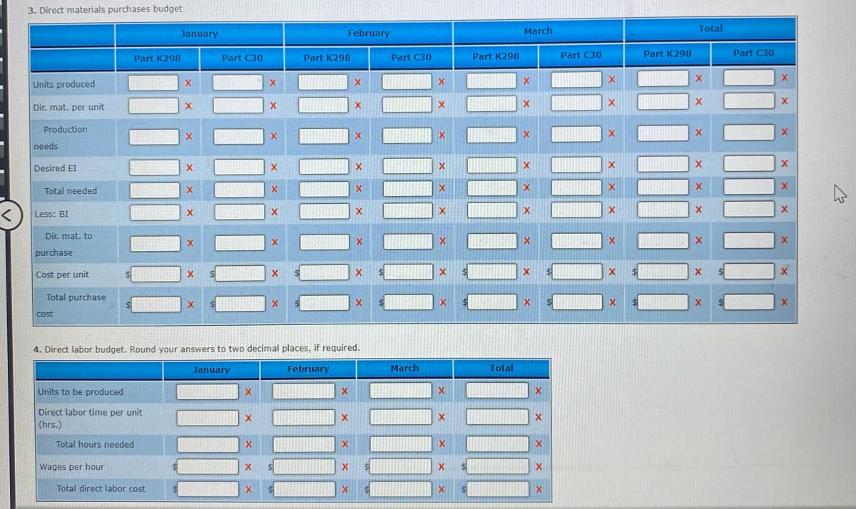 3. Direct materials purchases budget
Part K298
Units produced
Dir. mat. per unit
Production
needs
Desired EI
Total needed
Dir. mat. to
Less: BI
purchase
Cost per unit
January
X
Total purchase
cost
4. Direct labor budget. Round your answers to two decimal places, if required.
January
February
Units to be produced
Direct labor time per unit
(hrs.)
Total hours needed
Total direct labor cost
Wages per hour
X
X
Part C30
February
X
X
X
Part K298
Part C30
March
X
X
X
Part K298
Total
March
X
X
X
X
Part C30
Part K298
Total
X
X
Part C30
X
X
X
X