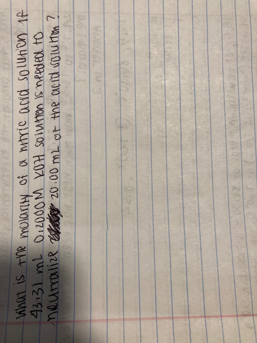What is the molariy of a mtric acid soluti en 1f
43131 ml 012000M KOH SOiuten Is neededd to
neurralize r 20.00 m2L of the aciol rou mon ?
