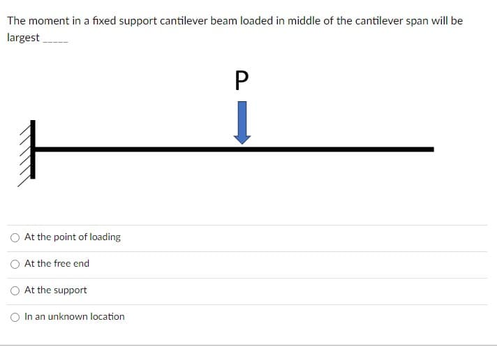 The moment in a fixed support cantilever beam loaded in middle of the cantilever span will be
largest
At the point of loading
At the free end
At the support
O In an unknown location
P
Į