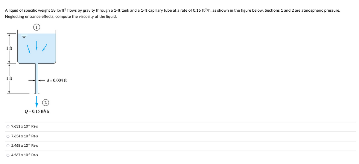 A liquid of specific weight 58 lb/ft3 flows by gravity through a 1-ft tank and a 1-ft capillary tube at a rate of 0.15 ft3/h, as shown in the figure below. Sections 1 and 2 are atmospheric pressure.
Neglecting entrance effects, compute the viscosity of the liquid.
1 ft
1 ft
d = 0.004 ft
Q=0.15 ft³/h
O 9.631 x 10-4 Pa-s
O 7.654 x 10-4 Pa-s
O 2.468 x 10.4 Pa-s
○ 4.567 x 10.4 Pa-s
