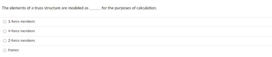 The elements of a truss structure are modeled as
O 1-force members
O 4-force members.
O2-force members
O frames
for the purposes of calculation.