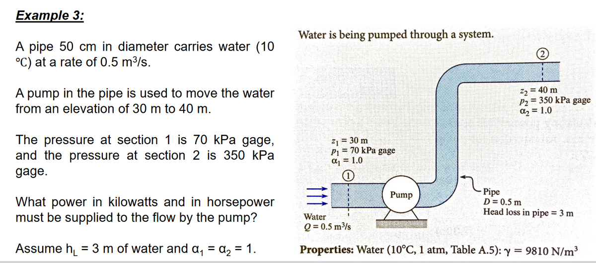 Example 3:
A pipe 50 cm in diameter carries water (10
°C) at a rate of 0.5 m³/s.
A pump in the pipe is used to move the water
from an elevation of 30 m to 40 m.
The pressure at section 1 is 70 kPa gage,
and the pressure at section 2 is 350 kPa
gage.
What power in kilowatts and in horsepower
must be supplied to the flow by the pump?
Assume h₁ = 3 m of water and α₁ = α₂ = 1.
Water is being pumped through a system.
Z₁ = 30 m
P1 = 70 kPa gage
a1 1.0
Pump
Z₂ = 40 m
P2 = 350 kPa gage
α₂ = 1.0
Pipe
D = 0.5 m
Head loss in pipe = 3 m
Water
Q=0.5 m³/s
Properties: Water (10°C, 1 atm, Table A.5): y = 9810 N/m³