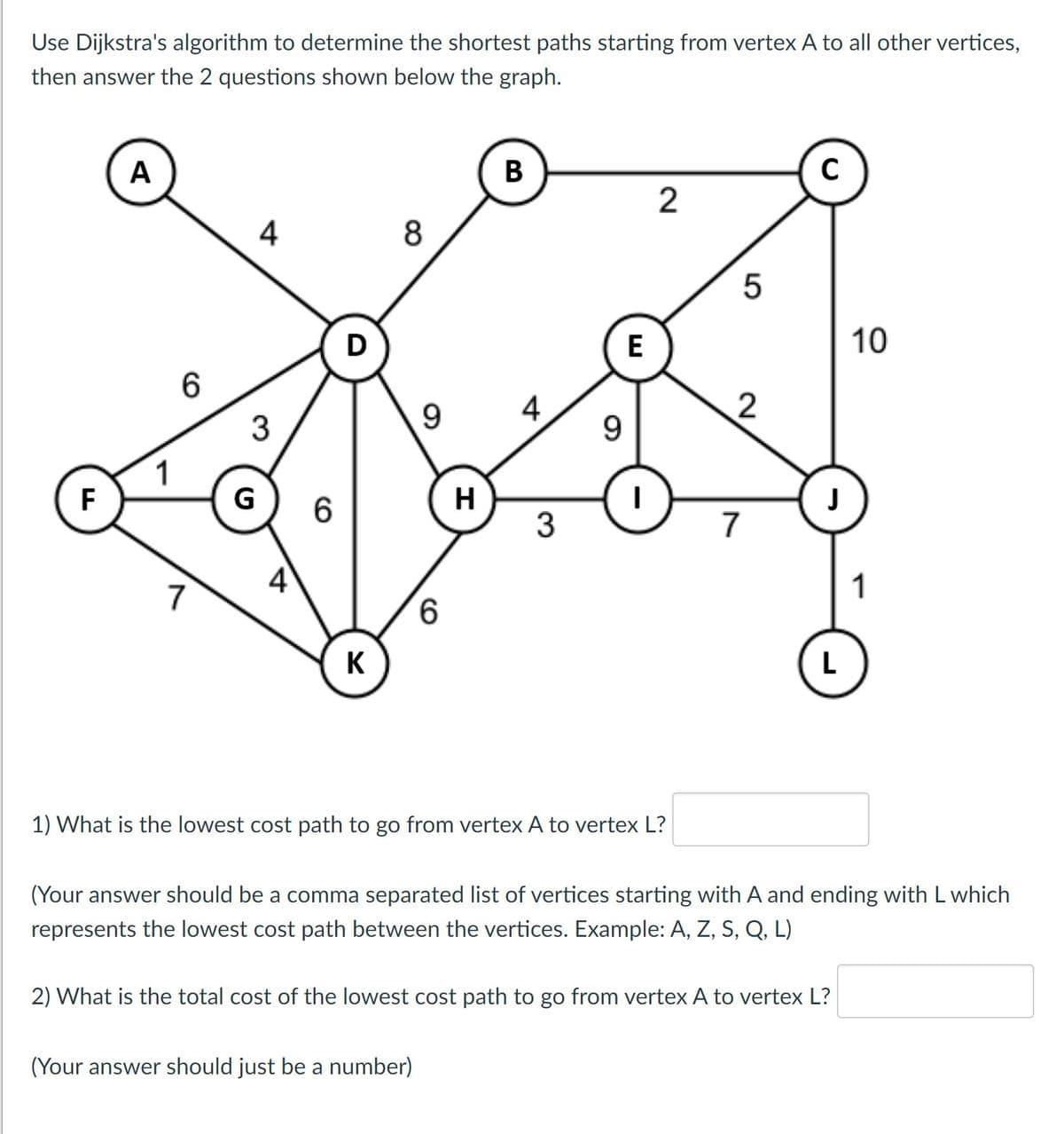 ## Shortest Path Problem Using Dijkstra's Algorithm

Use Dijkstra's algorithm to determine the shortest paths starting from vertex A to all other vertices, then answer the 2 questions shown below the graph.

### Graph Description

The graph contains the following vertices and edges with their respective weights (costs):
- Vertex A is connected to:
  - Vertex D (cost: 4)
  - Vertex F (cost: 6)
  - Vertex K (cost: 7)
- Vertex B is connected to:
  - Vertex D (cost: 8)
  - Vertex C (cost: 2)
- Vertex C is connected to:
  - Vertex E (cost: 5)
- Vertex D is connected to:
  - Vertex E (cost: 9)
  - Vertex G (cost: 3)
- Vertex E is connected to:
  - Vertex H (cost: 4)
  - Vertex I (cost: 9)
  - Vertex C (cost: 5)
- Vertex F is connected to:
  - Vertex G (cost: 1)
  - Vertex K (cost: 7)
- Vertex G is connected to:
  - Vertex H (cost: 6)
  - Vertex D (cost: 3)
  - Vertex F (cost: 1)
- Vertex H is connected to:
  - Vertex I (cost: 3)
  - Vertex K (cost: 4)
- Vertex I is connected to:
  - Vertex J (cost: 2)
- Vertex J is connected to:
  - Vertex L (cost: 1)

### Questions

1. What is the lowest cost path to go from vertex A to vertex L?

   (Your answer should be a comma-separated list of vertices starting with A and ending with L which represents the lowest cost path between the vertices. Example: A, Z, S, Q, L)  
   **Answer:** [_____, _____, _____, _____, _____, _____]
   
2. What is the total cost of the lowest cost path to go from vertex A to vertex L?

   (Your answer should just be a number)
   **Answer:** [________]