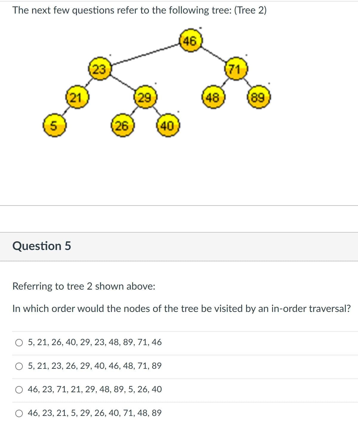 The next few questions refer to the following tree: (Tree 2)
46
23
(21
29
(48
(89
(26
40
Question 5
Referring to tree 2 shown above:
In which order would the nodes of the tree be visited by an in-order traversal?
O 5, 21, 26, 40, 29, 23, 48, 89, 71, 46
O 5, 21, 23, 26, 29, 40, 46, 48, 71, 89
O 46, 23, 71, 21, 29, 48, 89, 5, 26, 40
O 46, 23, 21, 5, 29, 26, 40, 71, 48, 89
