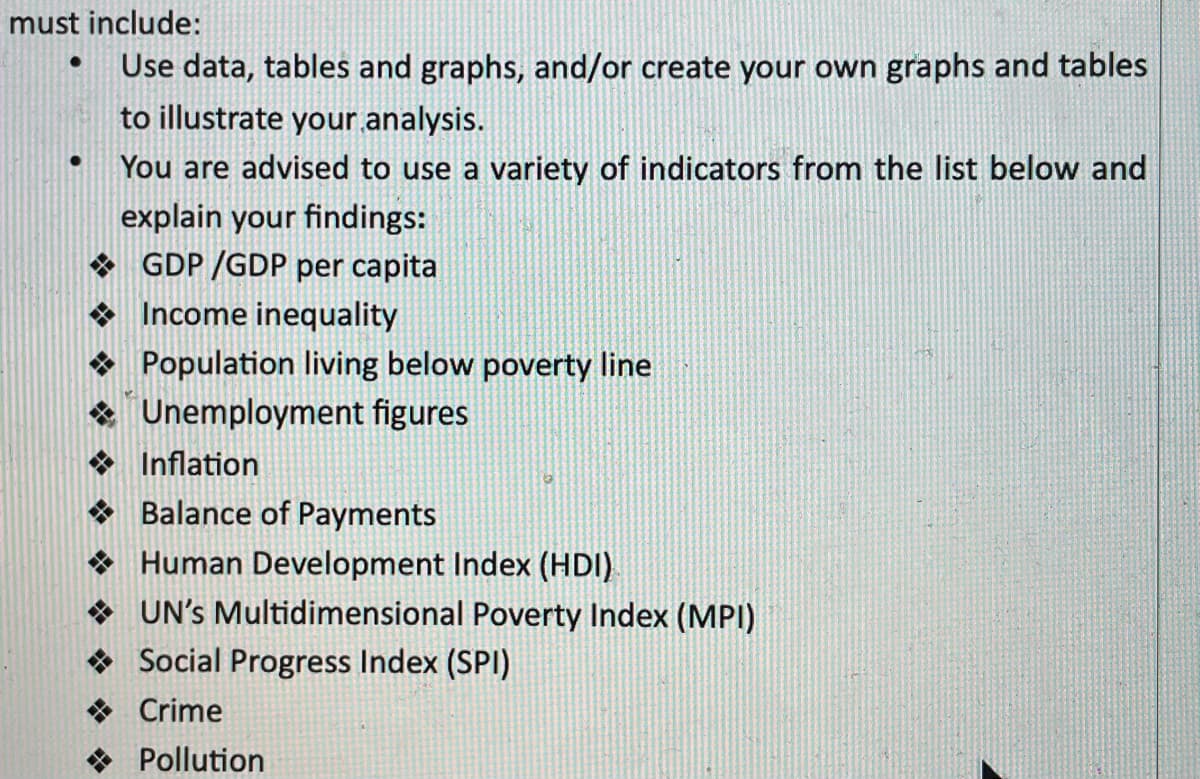 must include:
Use data, tables and graphs, and/or create your own graphs and tables
to illustrate your analysis.
You are advised to use a variety of indicators from the list below and
explain your findings:
* GDP /GDP per capita
* Income inequality
* Population living below poverty line
* Unemployment figures
* Inflation
* Balance of Payments
* Human Development Index (HDI)
* UN's Multidimensional Poverty Index (MPI)
* Social Progress Index (SPI)
* Crime
* Pollution
