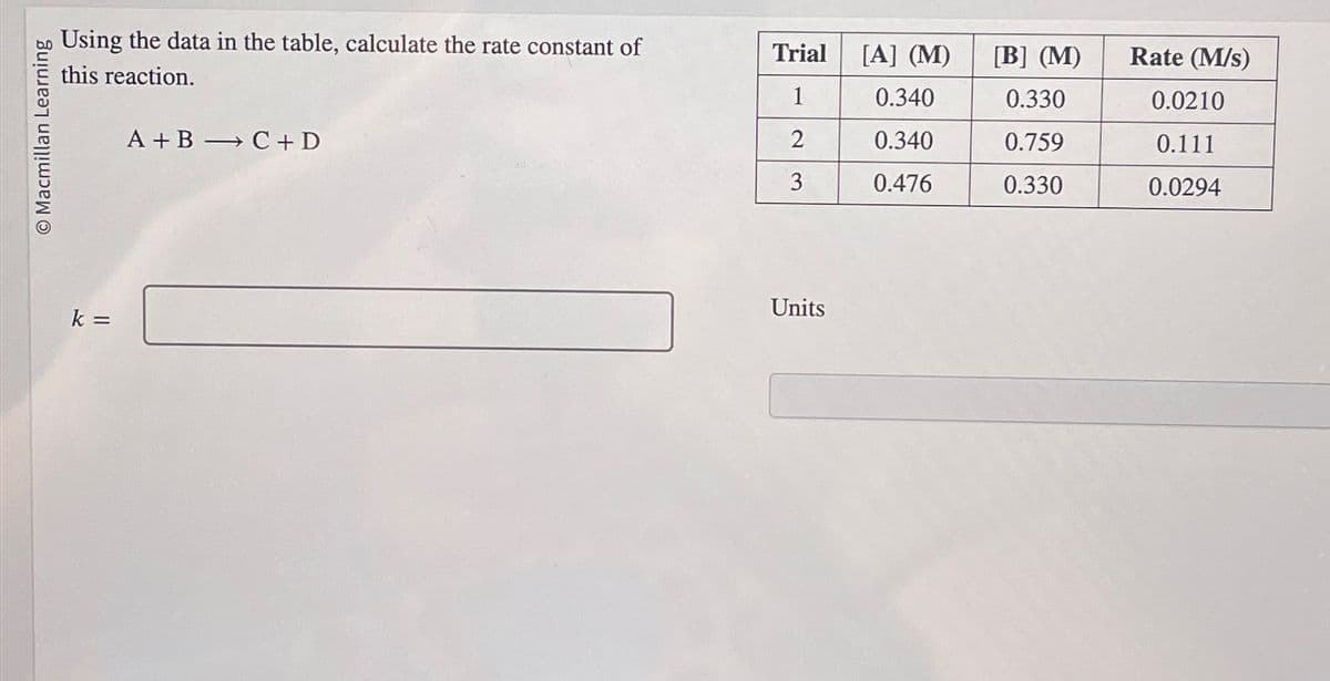 Macmillan Learning
Using the data in the table, calculate the rate constant of
this reaction.
k =
A+B C + D
Trial
1
2
3
Units
[A] (M)
0.340
0.340
0.476
[B] (M)
0.330
0.759
0.330
Rate (M/s)
0.0210
0.111
0.0294