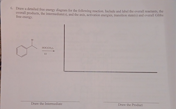 6. Draw a detailed free energy diagram for the following reaction. Include and label the overall reactants, the
overall products, the intermediate(s), and the axis, activation energies, transition state(s) and overall Gibbs
free energy.
HOC(CH₂)
E1
Draw the Intermediate
Draw the Product