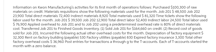 Information on Kwon Manufacturing's activities for its first month of operations follows: Purchased $100,300 of raw
materials on credit. Materials requisitions show the following materials used for the month. Job 201 $ 48,500 Job 202
23,900 Total direct materials 72,400 Indirect materials 8,920 Total materials used $81,320 Time tickets show the following
labor used for the month. Job 201 $ 39,500 Job 202 12,900 Total direct labor 52,400 Indirect labor 24,500 Total labor used
$ 76,900 Applied overhead to Job 201 and to Job 202 using a predetermined overhead rate is 80% of direct materials
cost. Transferred Job 201 to Finished Goods Inventory. (1) Sold Job 201 for $164,660 on credit. (2) Record cost of goods
sold for Job 201. Incurred the following actual other overhead costs for the month. Depreciation of factory equipment $
32,300 Rent on factory building (payable) 530 Factory utilities (payable) 830 Expired factory insurance 3,300 Total other
factory overhead costs $ 36,960 Post entries for transactions a through g to the T-accounts. Each of T-accounts started the
month with a zero balance.