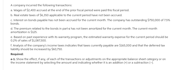 A company incurred the following transactions:
a. Wages of $2,400 accrued at the end of the prior fiscal period were paid this fiscal period.
b. Real estate taxes of $6,350 applicable to the current period have not been accrued.
c. Interest on bonds payable has not been accrued for the current month. The company has outstanding $750,000 of 7.5%
bonds.
d. The premium related to the bonds in part c has not been amortized for the current month. The current-month
amortization is $125.
e. Based on past experience with its warranty program, the estimated warranty expense for the current period should be
0.2% of sales of $1,087,500.
f. Analysis of the company's income taxes indicates that taxes currently payable are $165,000 and that the deferred tax
liability should be increased by $60,750.
Required:
a-1. Show the effect, if any, of each of the transactions or adjustments on the appropriate balance sheet category or on
the income statement by selecting the amount and indicating whether it is an addition (+) or a subtraction (-).