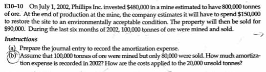 E10-10 On July 1, 2002, Phillips Inc. invested $480,000 in a mine estimated to have 800,000 tonnes
of ore. At the end of production at the mine, the company estimates it will have to spend $150,000
to restore the site to an environmentally acceptable condition. The property will then be sold for
$90,000. During the last six months of 2002, 100,000 tonnes of ore were mined and sold.
Instructions
(a) Prepare the journal entry to record the amortization expense.
(b) Assume that 100,000 tonnes of ore were mined but only 80,000 were sold. How much amortiza-
tion expense is recorded in 2002? How are the costs applied to the 20,000 unsold tonnes?